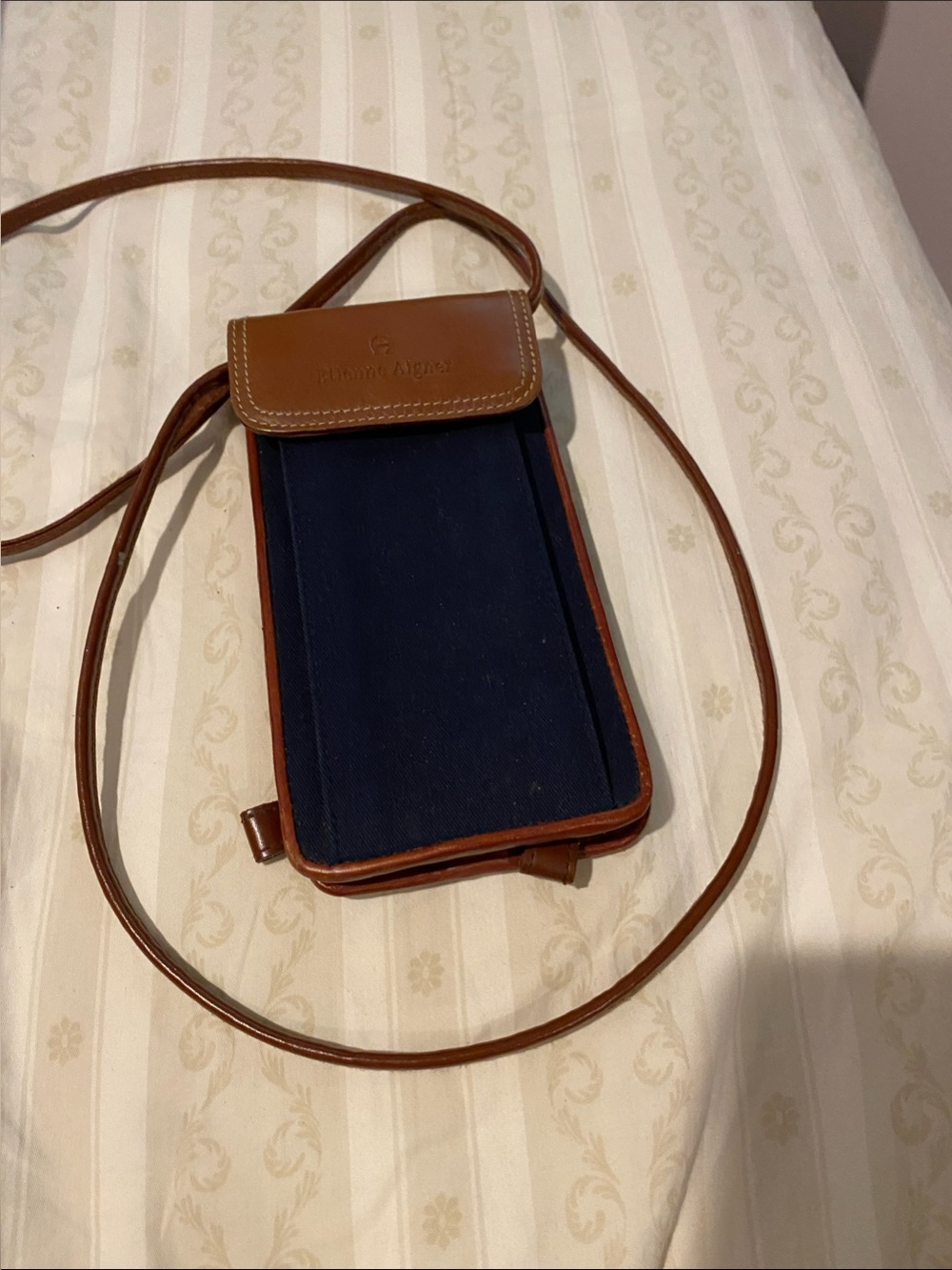 Etienne Aigner Navy Canvas with Brown Leather Phone Crossbody